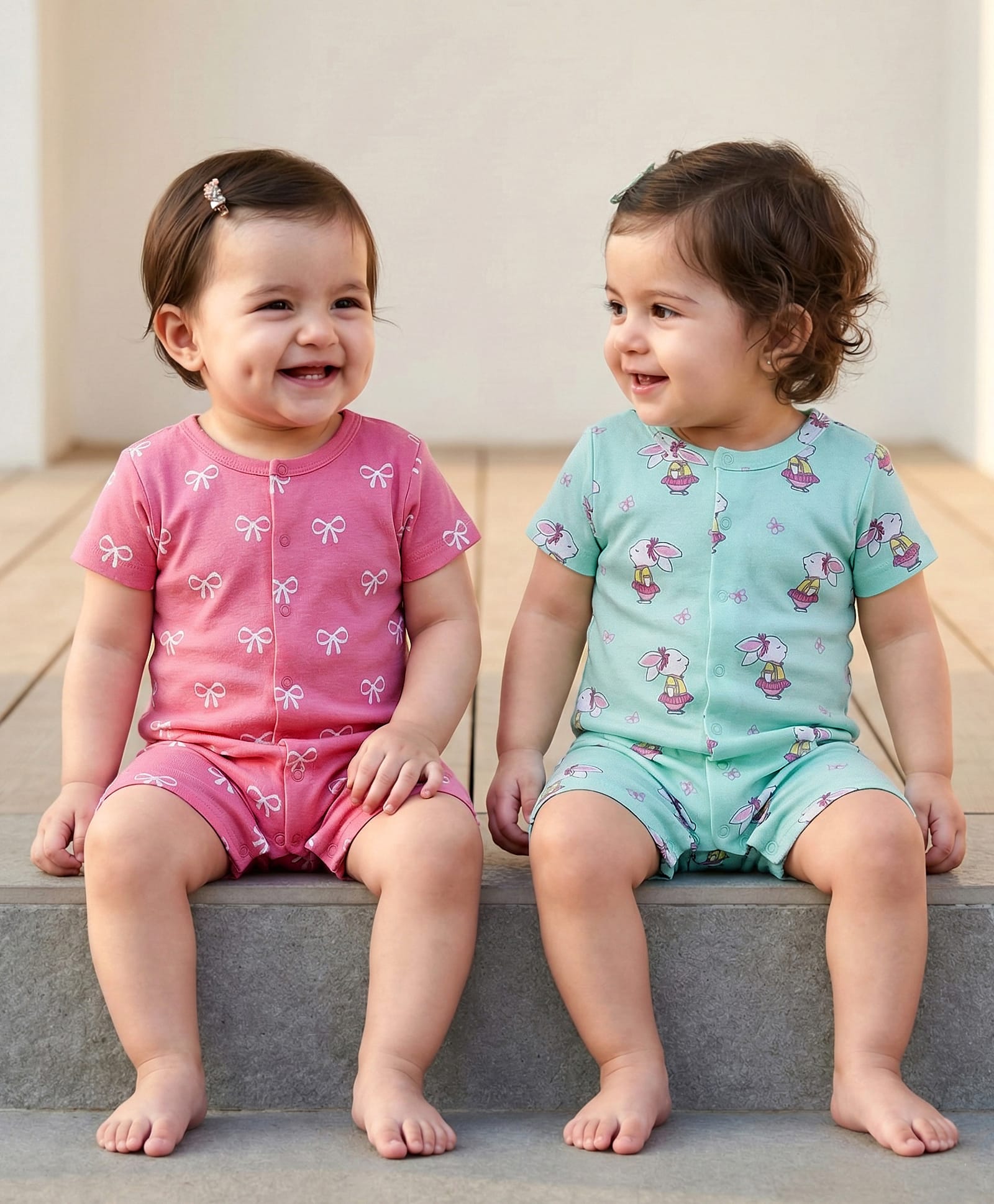 Babyhug 100% Cotton Interlock Knit Romper With Animal Print Pack Of 2 - Pink & Light Blue