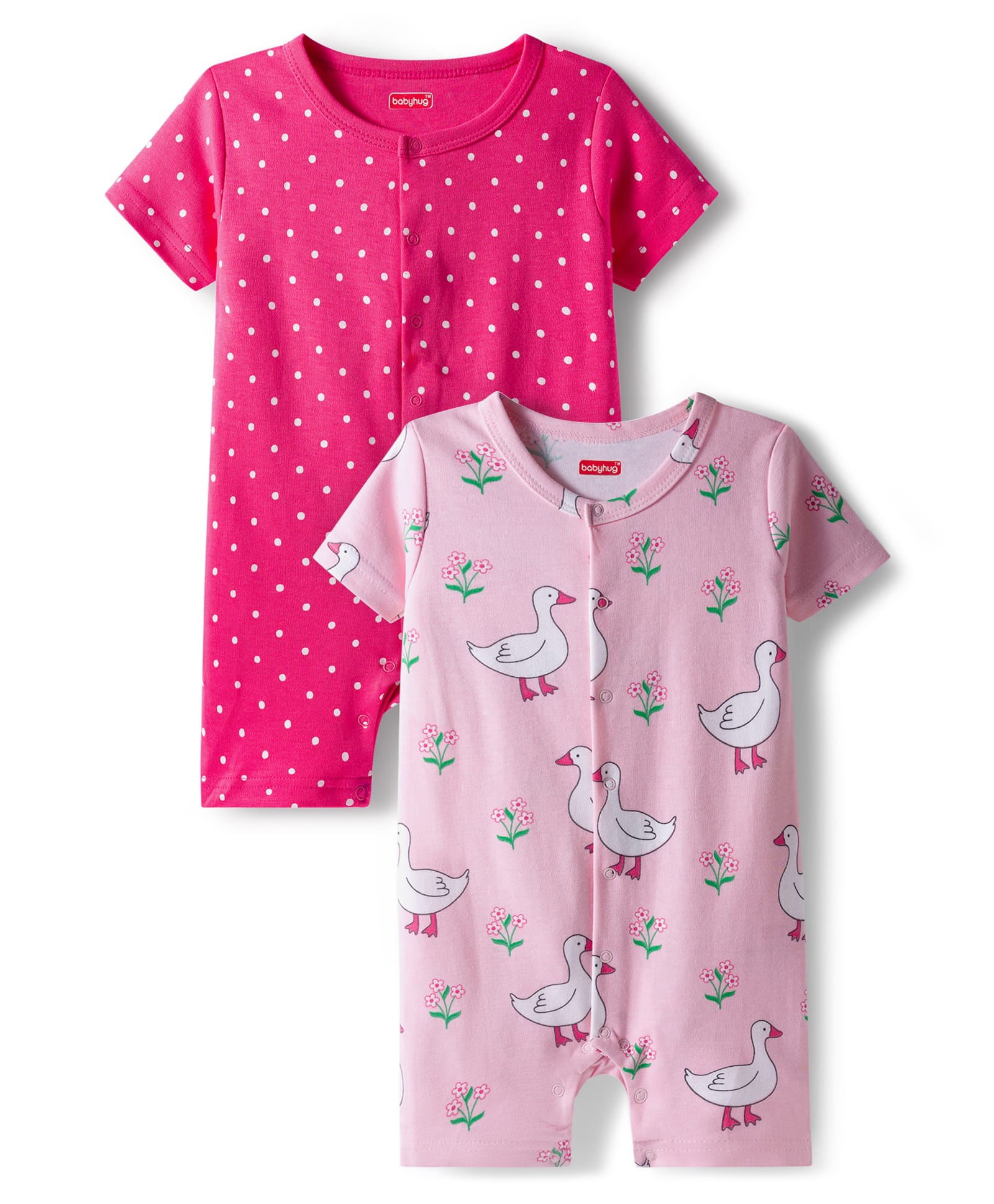 Babyhug 100% Cotton Interlock Knit Half Sleeves Front Open Romper with Polka Dot Ducky & Floral Print Pack of 2 - Dark Pink & Plum-image-2