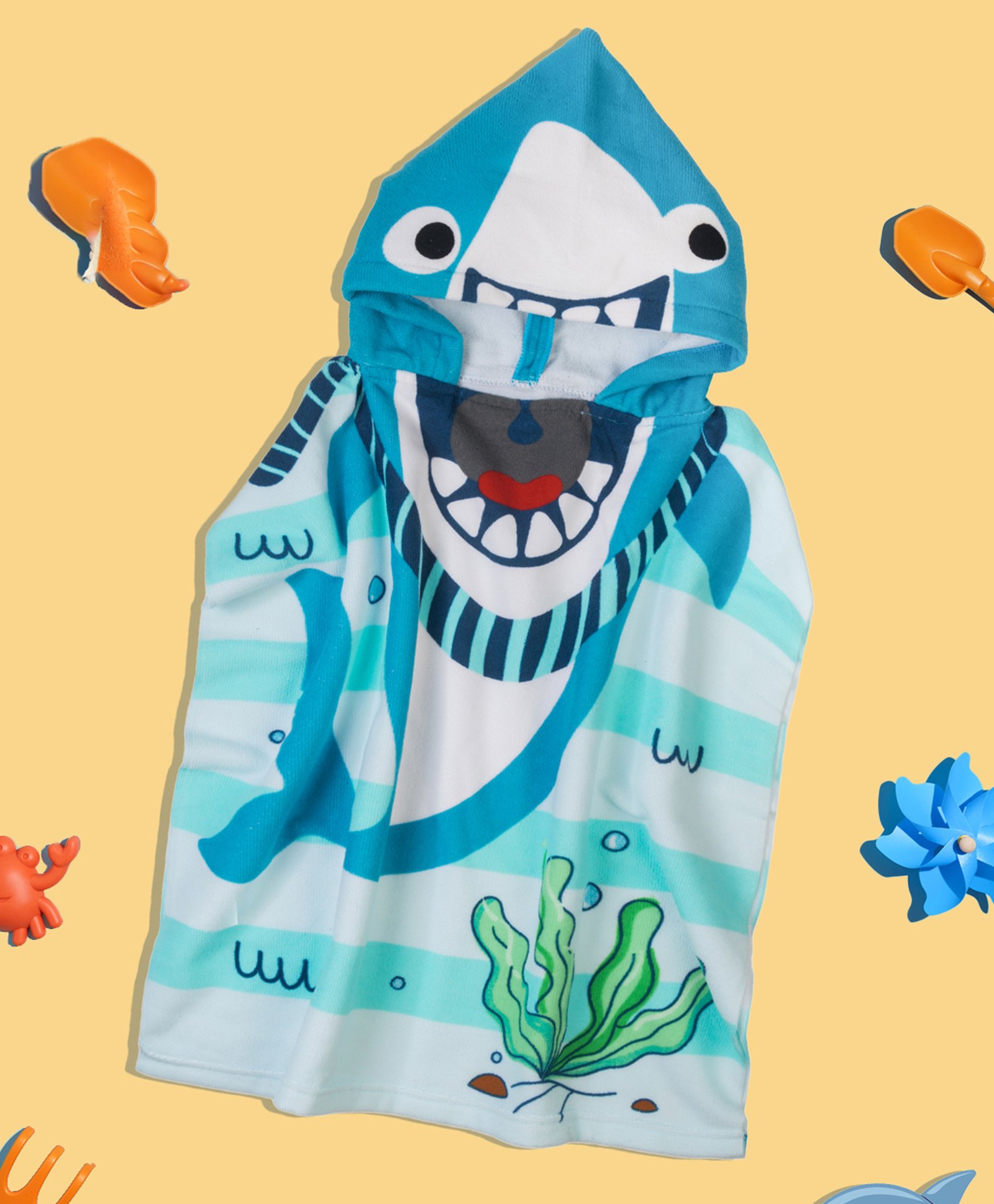 Yellow Bee Shark Designed Hooded Poncho Towel - Blue & White-picture-22