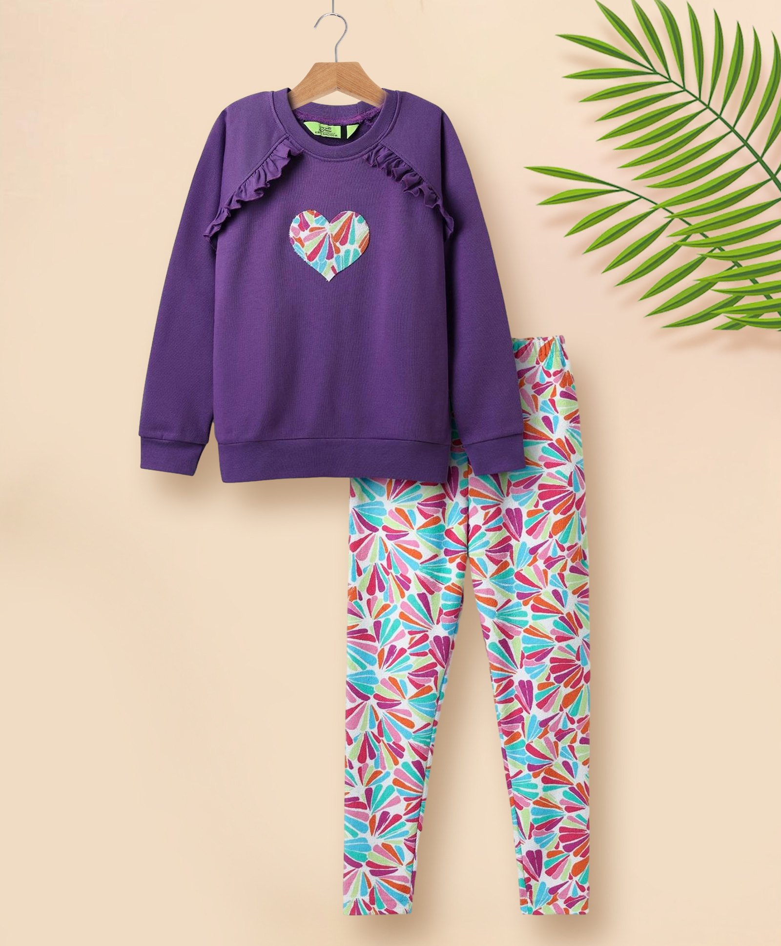 Tiara Fleece Knit Full Sleeves Heart Embroidered Frill Detailed Sweatshirt & Abstract Printed Leggings Set - Purple-image-45