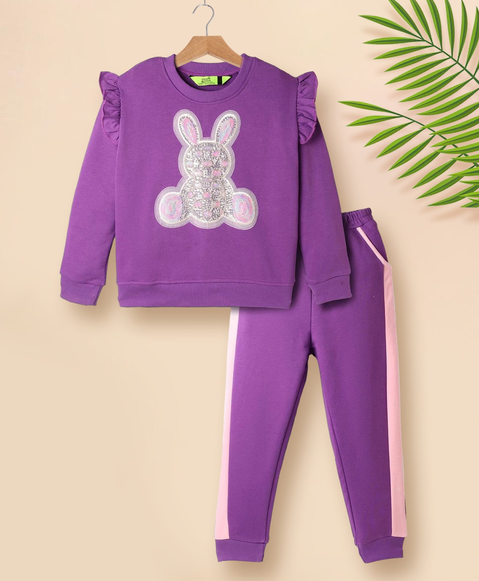 Tiara Fleece Knit Full Sleeves Teddy Bear Sequins Embellished Sweatshirt & Side Taped Joggers Set - Purple-picture-33