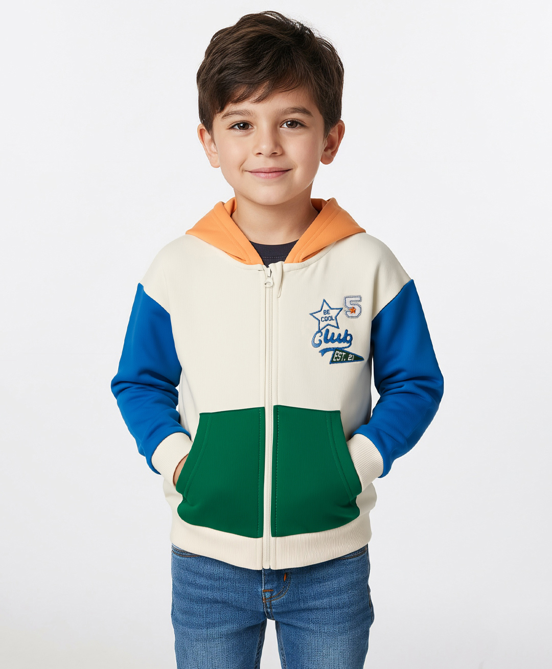 Bonfino 100% Cotton Fleece Full Drop Shoulder Sleeves Hooded Sweatjacket with Colour Block Design - White-picture-23
