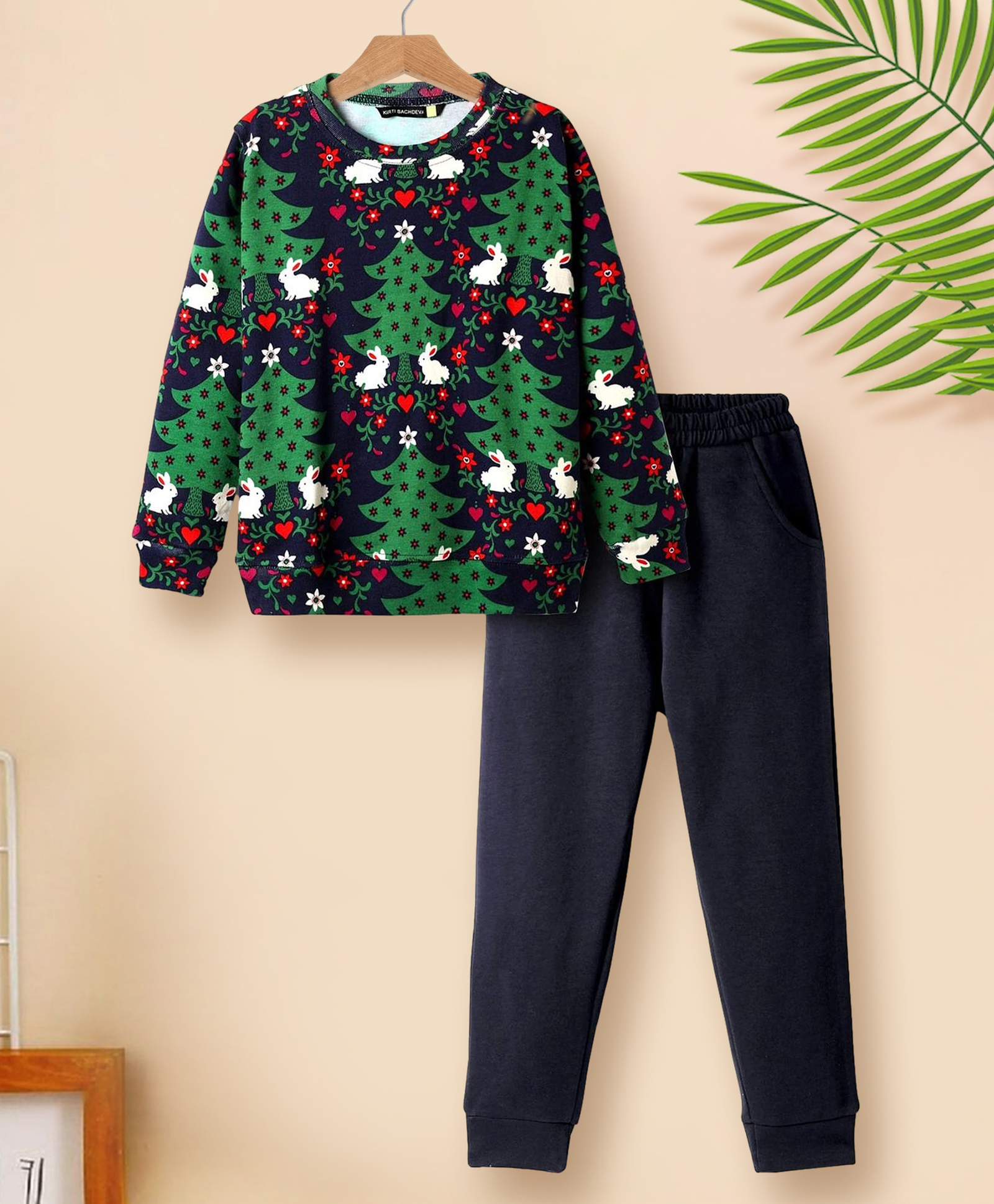 Tiara Cotton Rib Knit Full Sleeves Bunnies & Floral Printed Sweatshirt & Joggers Set - Navy Blue-picture-12