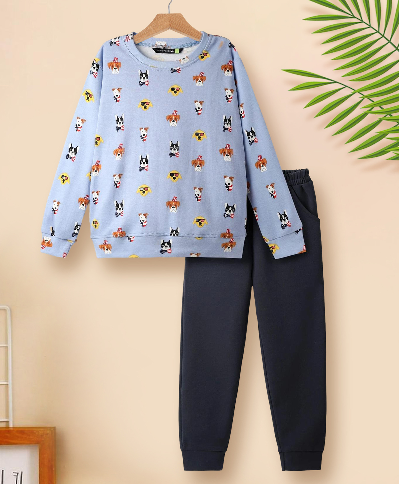 Tiara Cotton Rib Knit Full Sleeves Dogs Printed Sweatshirt & Joggers Set - Sky Blue-picture-24