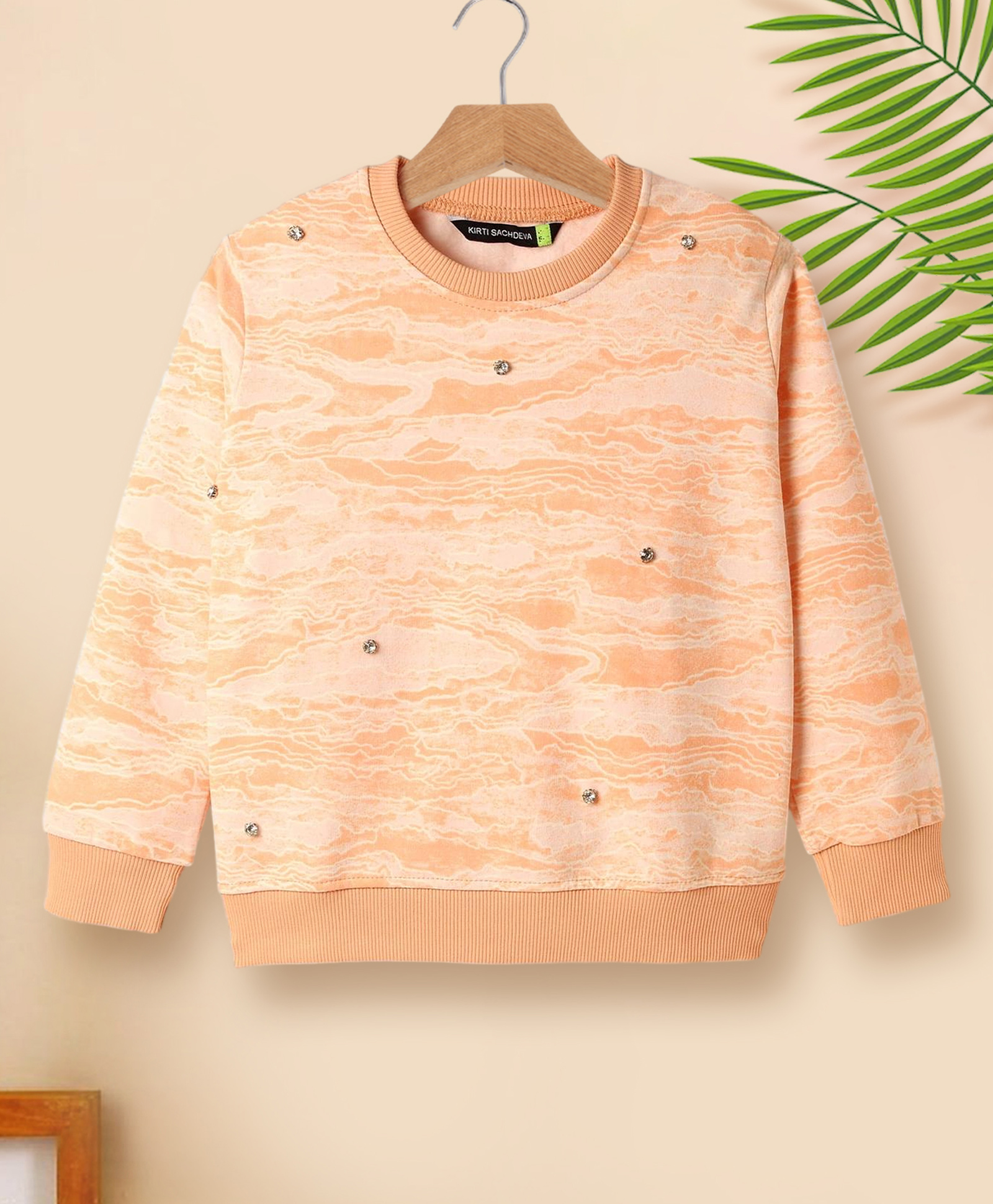 Tiara Brushed Looper Knit Full Sleeves Abstract Printed Crystals Embellished Sweatshirt - Peach-picture-17