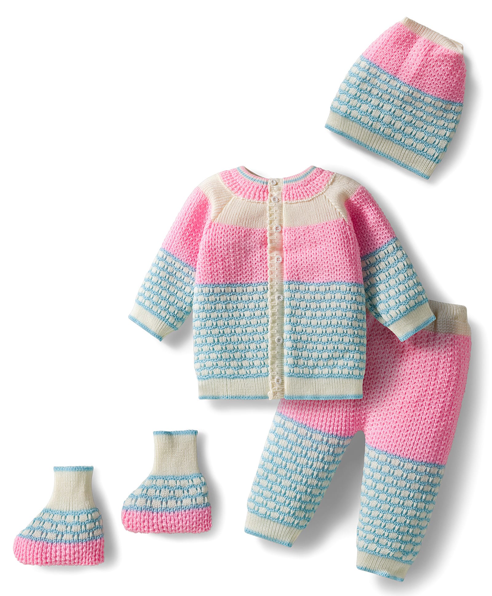 Babyhug Knit Full Raglan Sleeves Front Open Sweater & Pant Set with Cap & Booties with Color Block Design - Pink & Light Blue-image-9