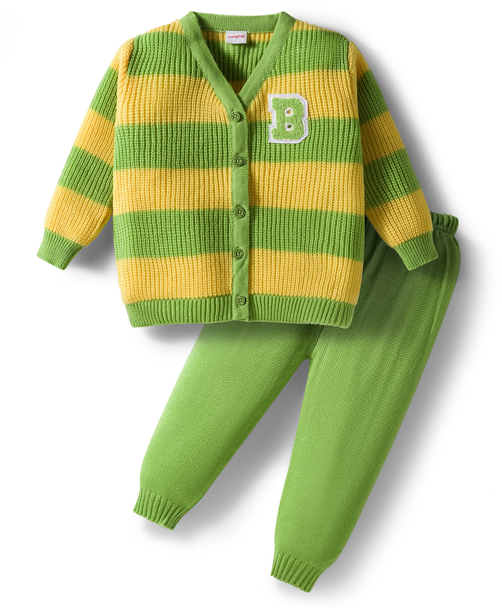 Babyhug Knit Full Sleeves Front Open Sweater & Pant Set with Color Block Design - Yellow & Green-image-35