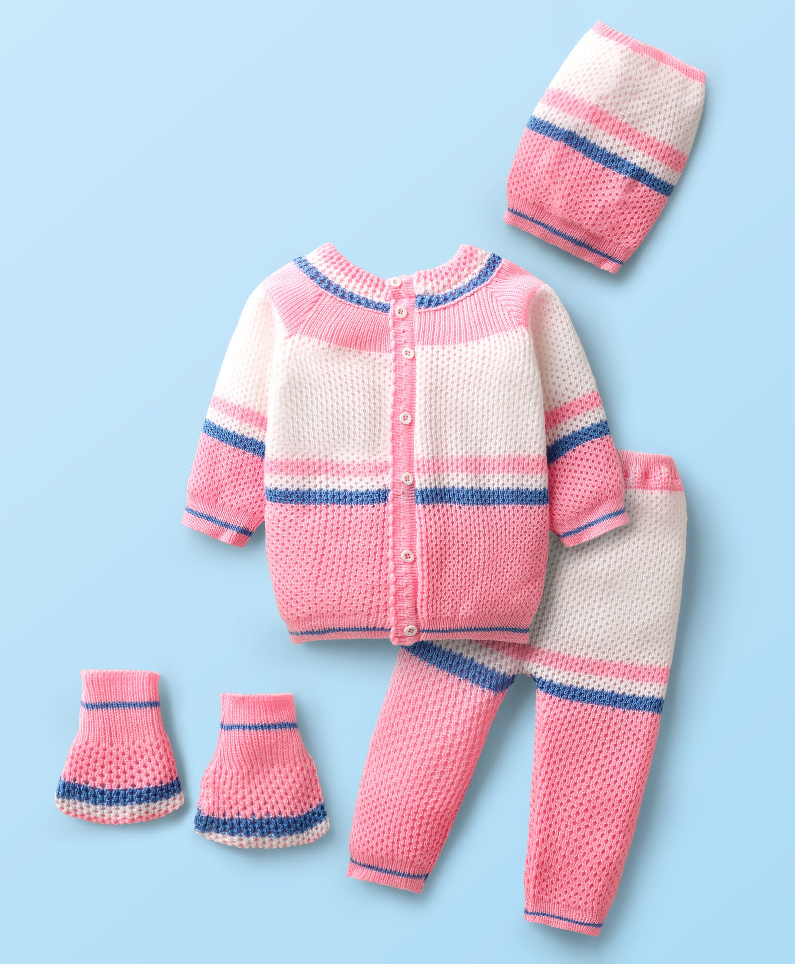 Babyhug Knit Full Raglan Sleeves Front Open Sweater Set With Cap & Mittens - Pink