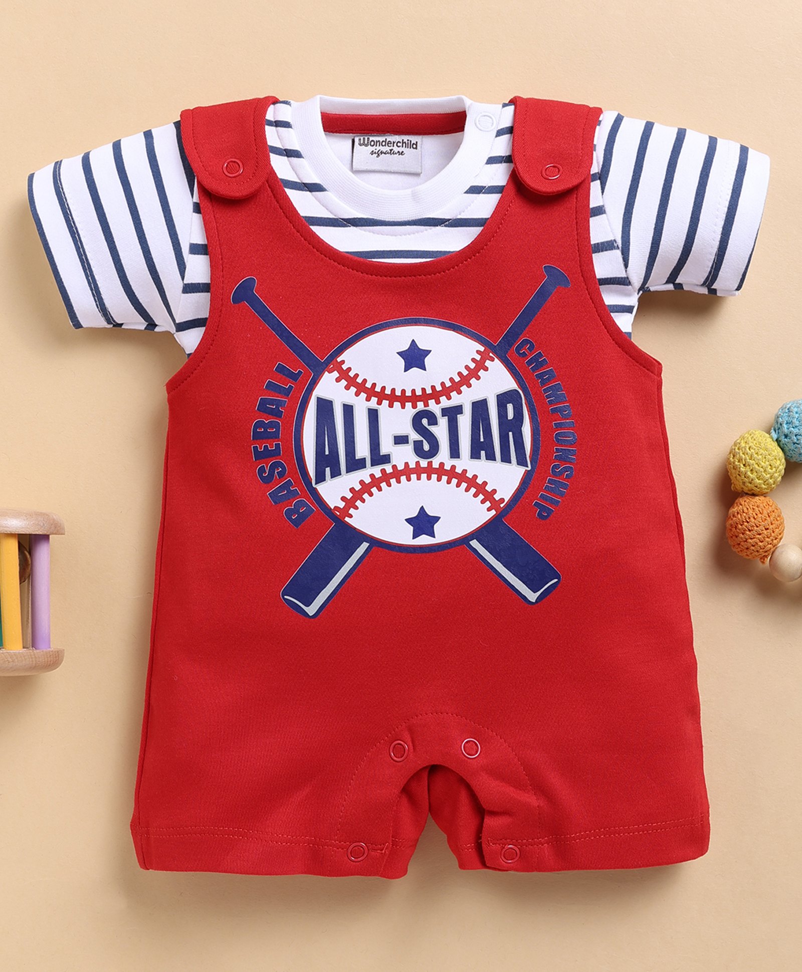 Wonderchild All Star Text Printed Romper With Half Sleeves Striped Tee Set - White & Red-image-21