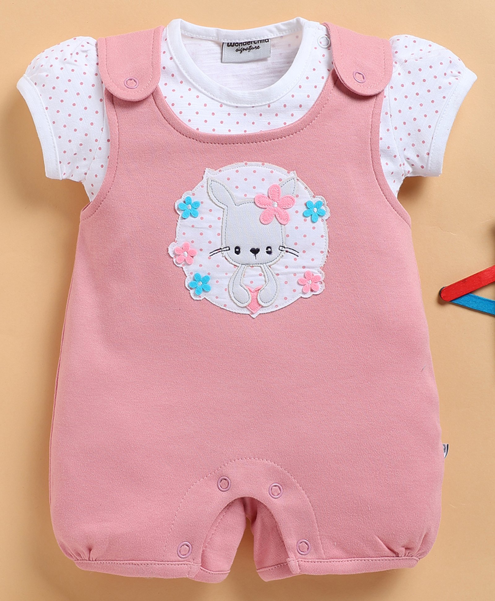 Wonderchild Cute Kitty Patch Embroidered Romper With Half Puffed Sleeves Polka Dots Printed Tee Set - White & Mud Pink-image-40