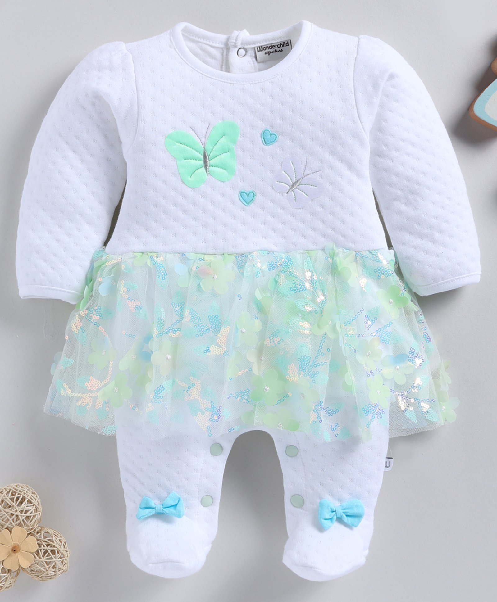 Wonderchild Knit Full Sleeves Floral & Bow Applique Detailed Sequins Embellished Textured Frock Style Romper - White & Sea Green-image-48