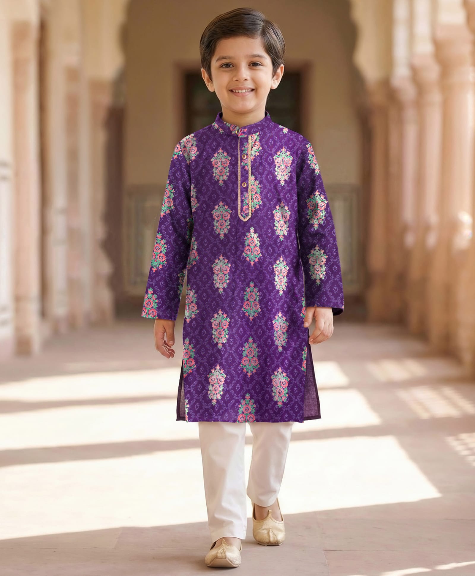 EARTHY TOUCH Cambric Woven Full Sleeves Kurta Pajama Set With Floral Print - Purple-picture-24