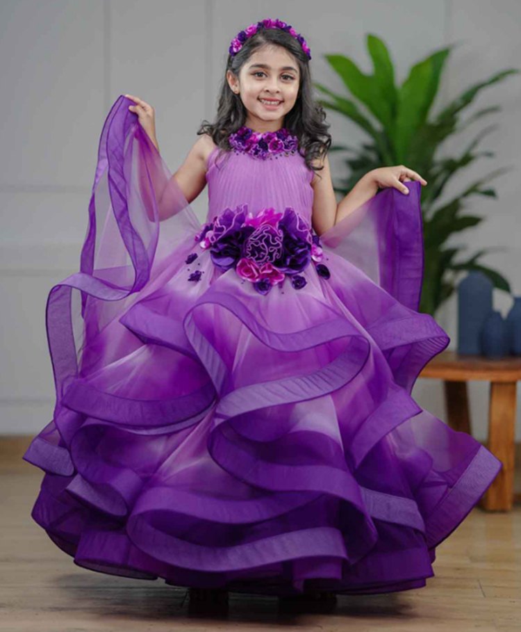 Li & Li Couture Net Woven Sleeveless Floral Applique Detailed Ruffled Gown - Orchid & Purple-image-44