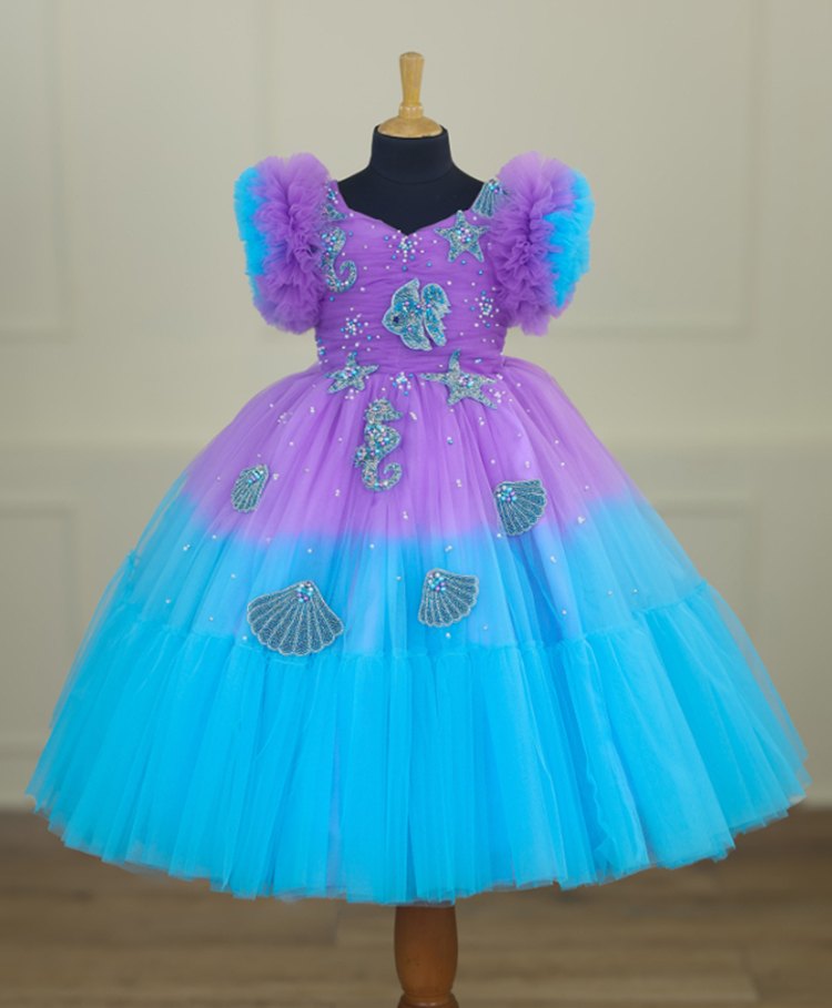 Li & Li Couture Net Half Sleeves Sea Life Patch Detailed & Rhinestones Embellished Gown - Lavender & Sky Blue-image-10