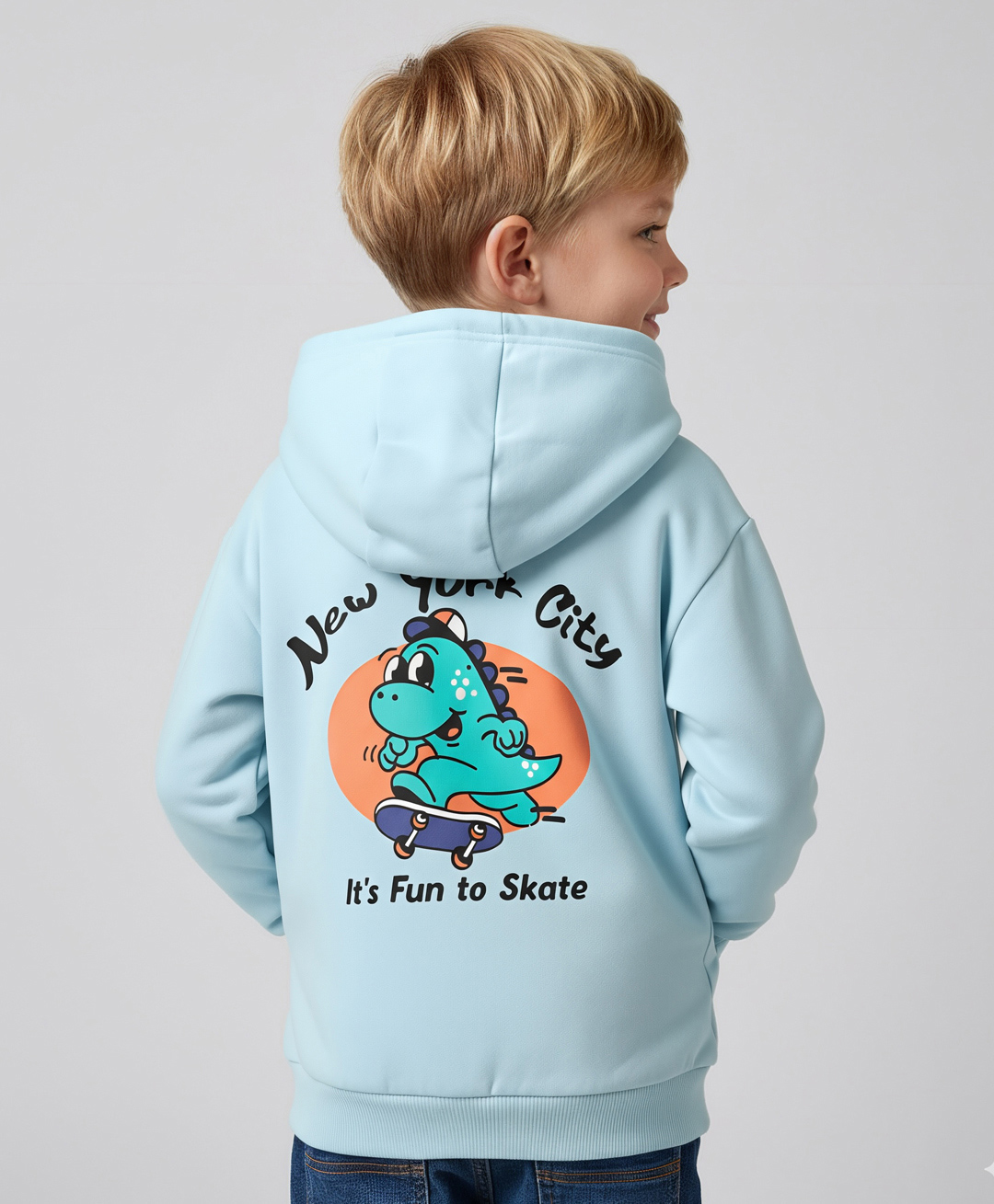 Bonfino 100% Cotton Fleece Full Drop Shoulder Sleeves Hooded Sweatjacket with Front & Back Dino Print - Aqua Blue-image-42