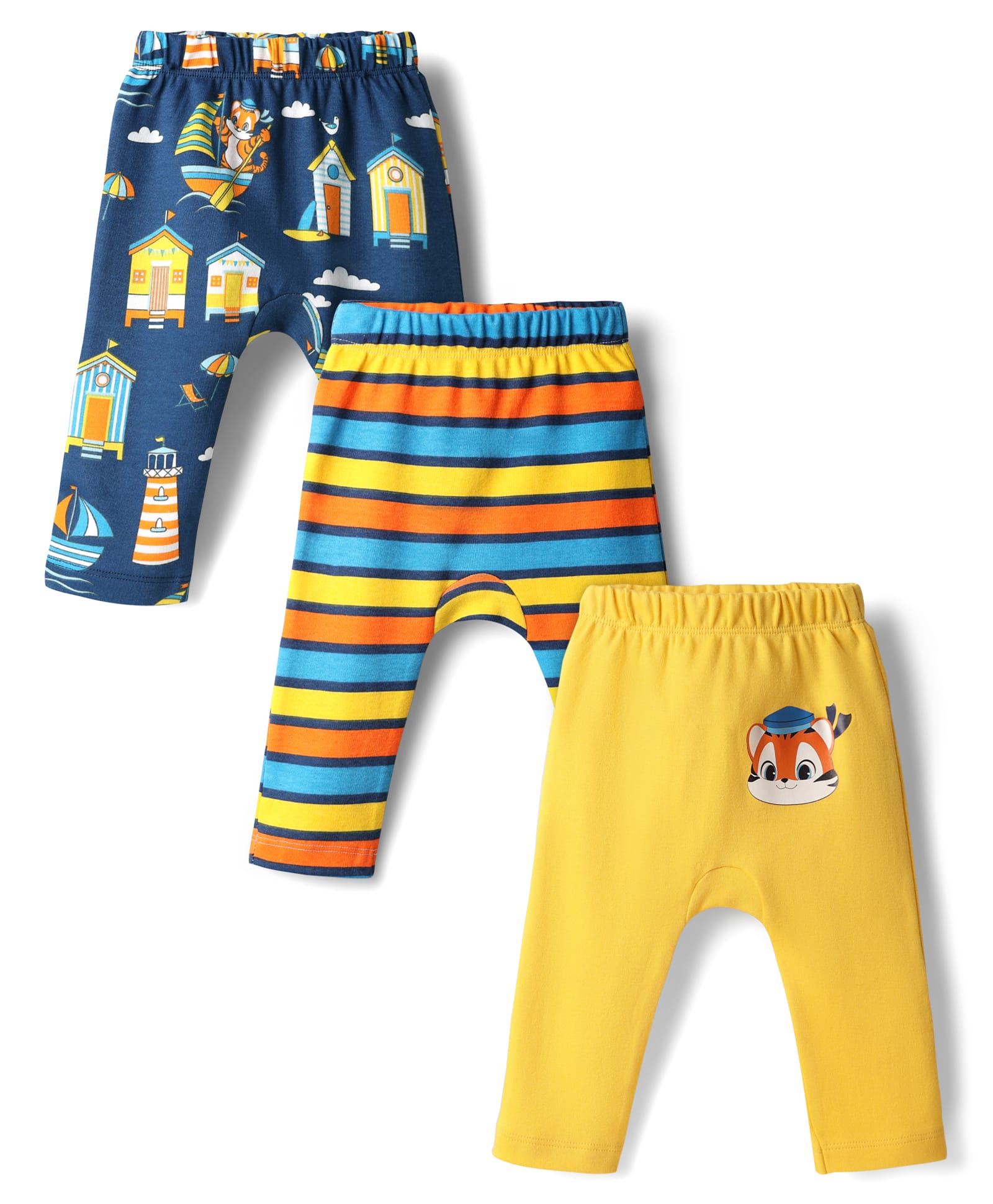 Babyhug Cotton Interlock Knit Full Length Diaper Leggings with Stripe Design & Animal Print Pack of 3 - Yellow Navy Blue & Red-picture-17