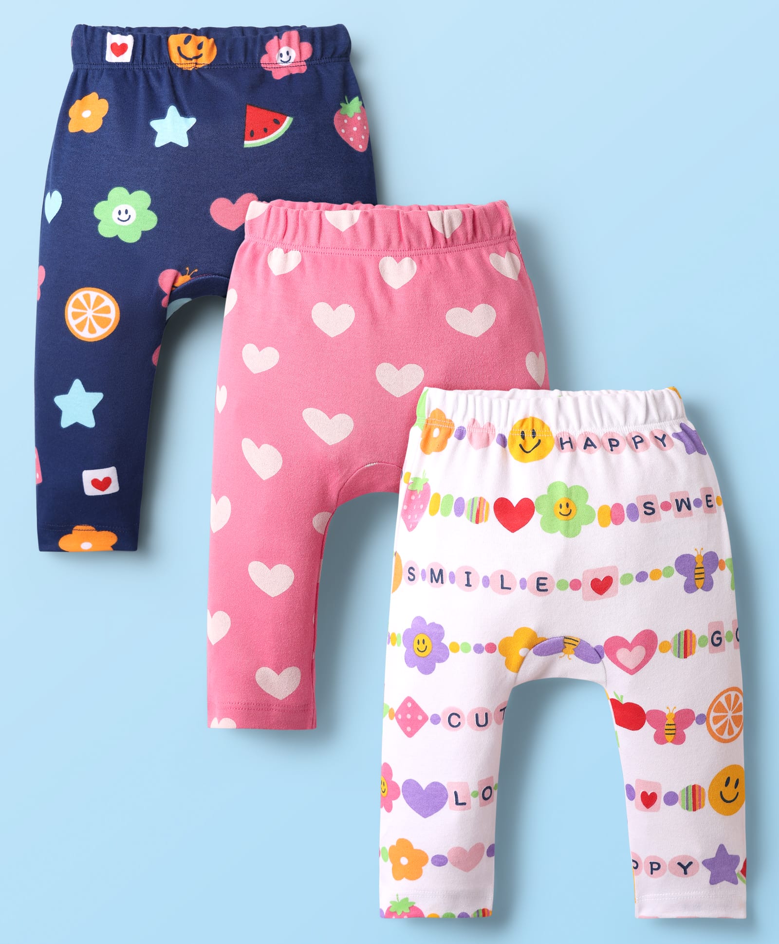 Babyhug Interlock Knit Full Length Heart & Fruit Printed Diaper Leggings Pack of 3 - White Pink & Navy Blue-picture-26