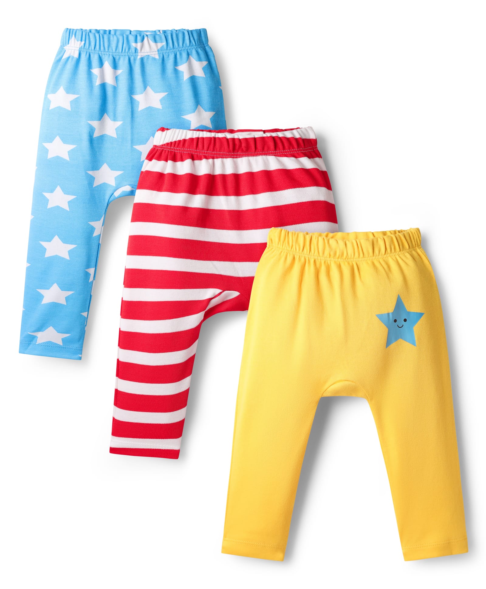 Babyhug Cotton Knit Full Length Diaper Leggings With Stripe & Star Print Pack Of 3 - Yellow Red & Light Blue