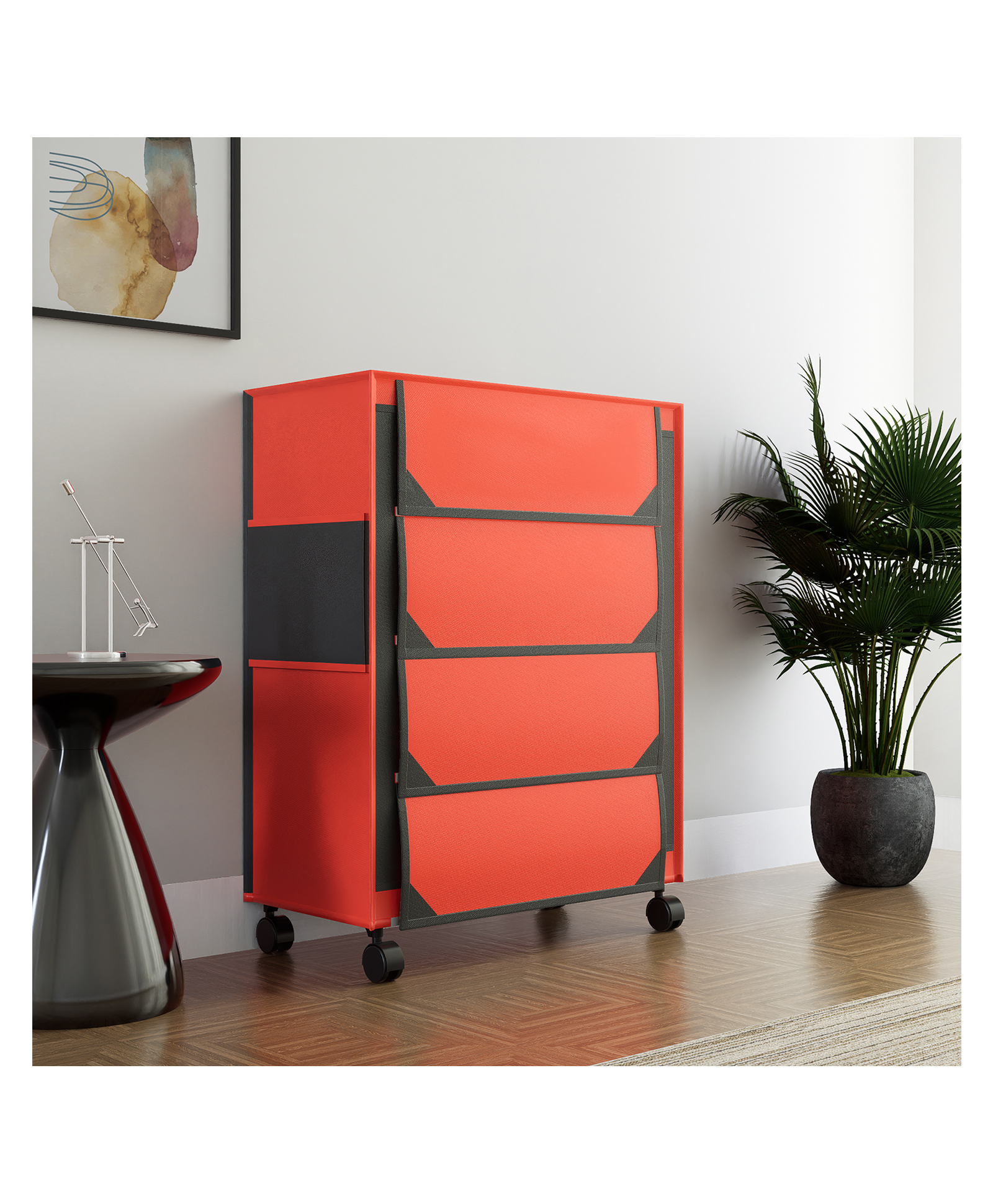 Fabura 4 Layers Shoe Rack With Wheels In Red & Black Color-picture-4