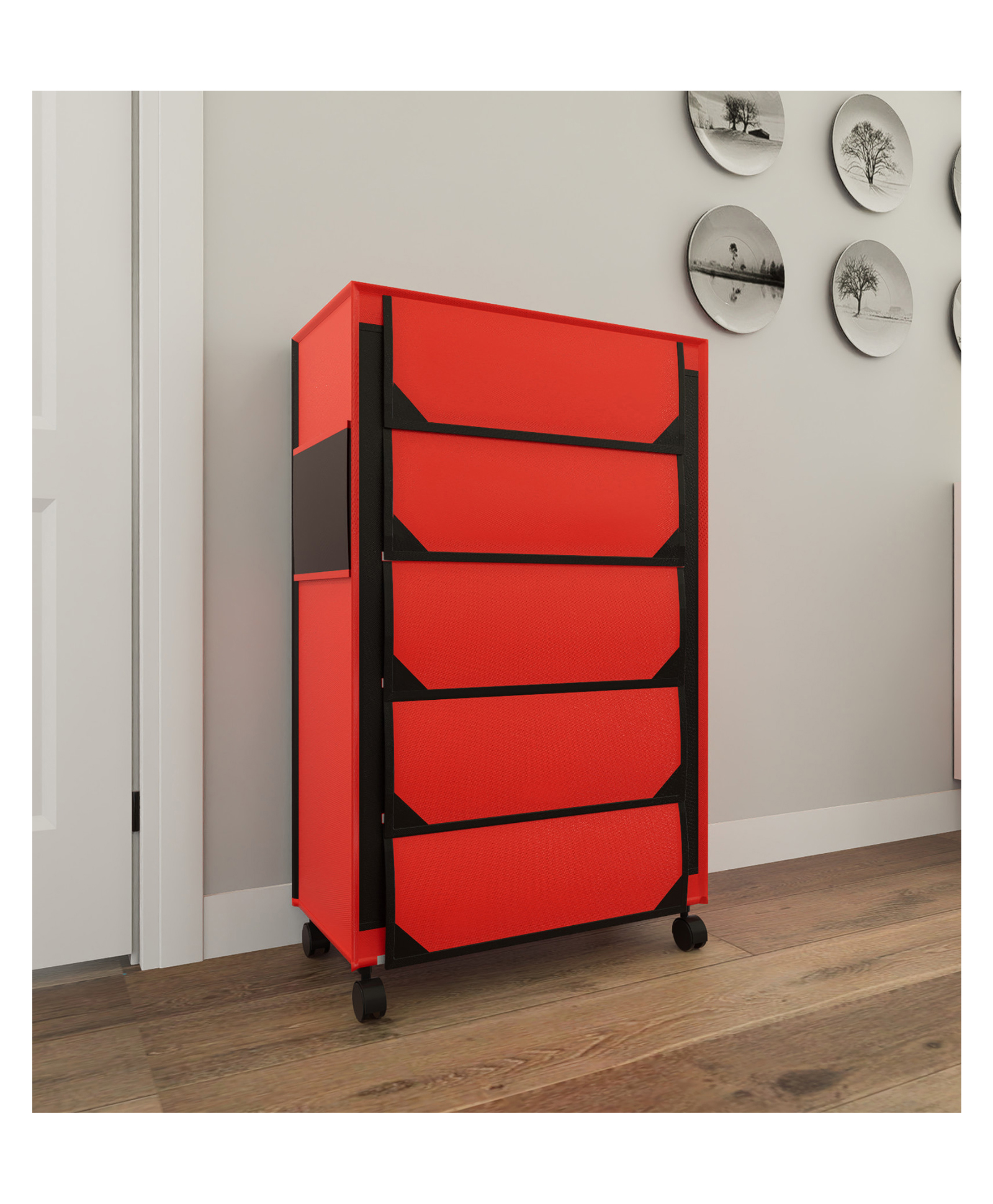 Fabura 5 Layers Shoe Rack With Wheels In Red & Black Color-picture-13