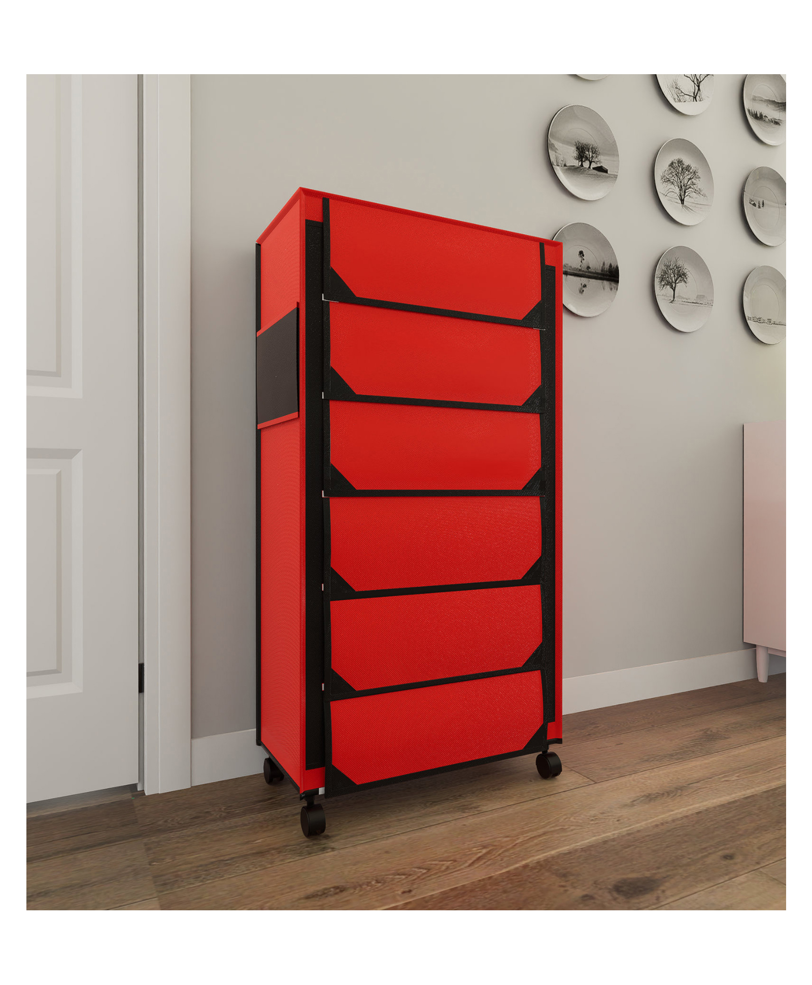 Fabura 6 Layers Shoe Rack With Wheels In Red & Black Color-picture-27