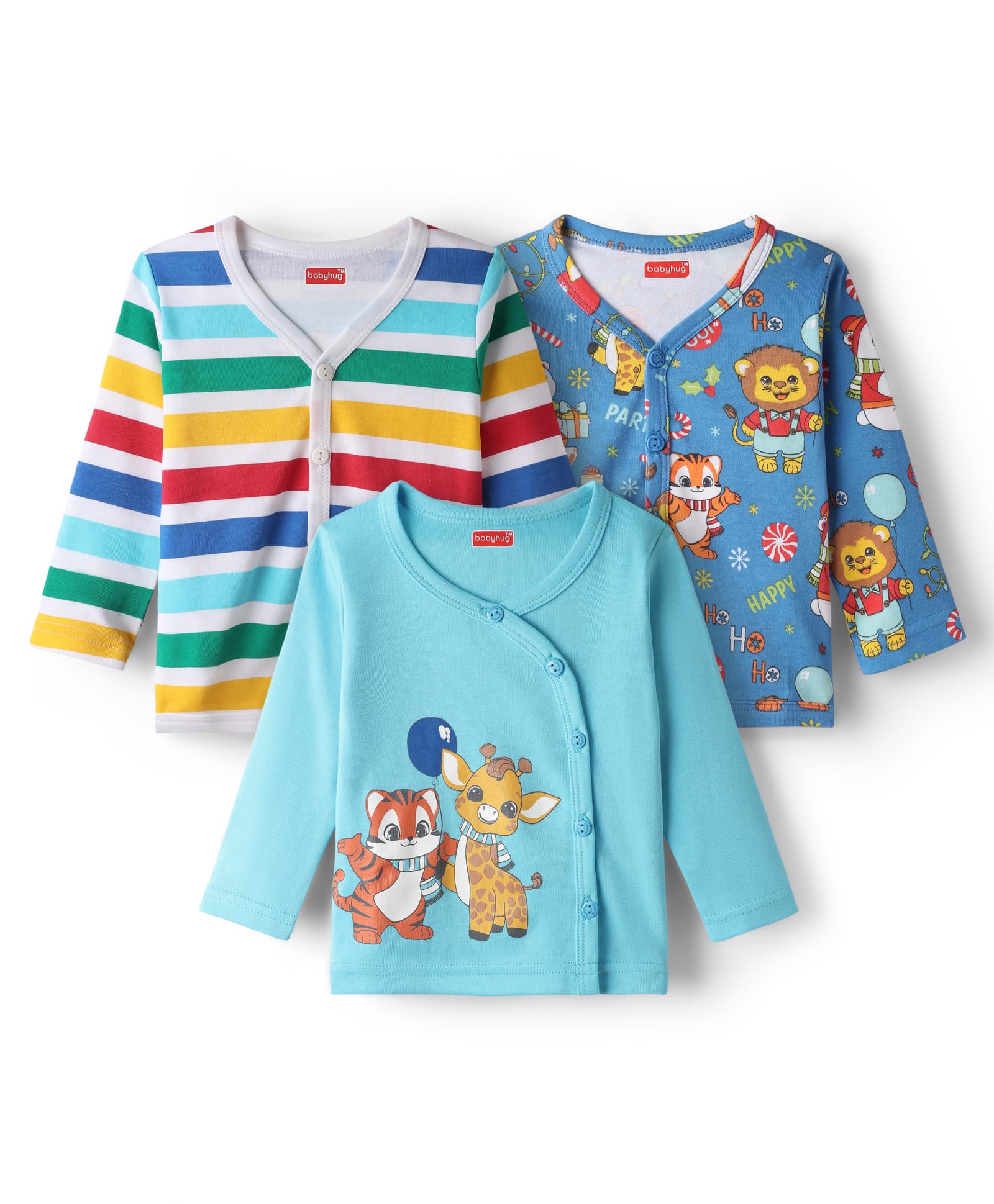 Babyhug 100% Cotton Front Open Full Sleeves Stripes & Animal Printed Jhablas Pack Of 3 - Multi Colour-picture-14