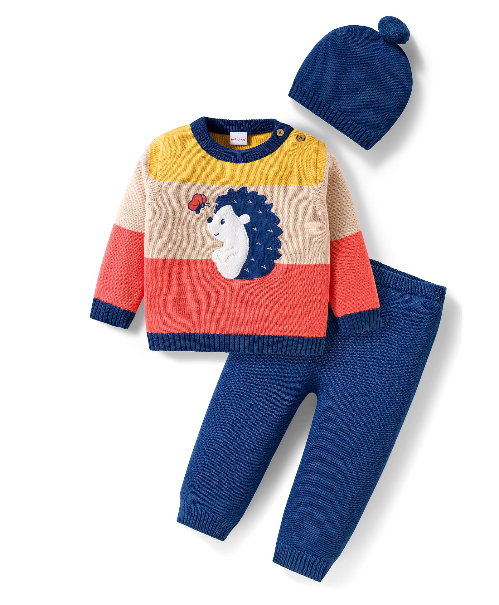 Babyhug Organic Cotton Knit Full Sleeves Sweater Set with Color Block Design Porcupine Patch & Cap - Navy Blue-image-14