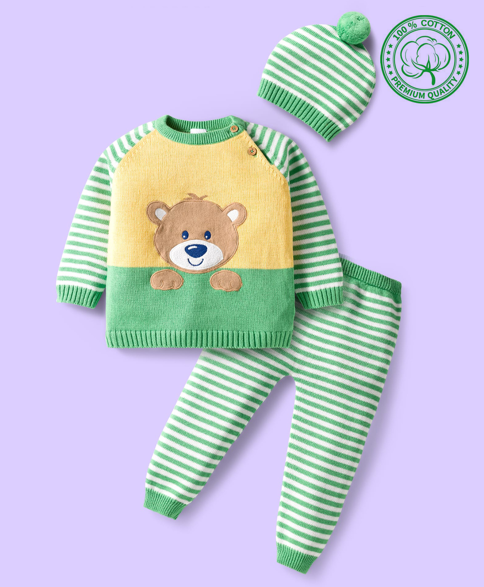 Babyhug Organic Cotton Knit Full Raglan Sleeves Sweater Set with Stripe Color Block Bear Design & Cap - Green-image-17