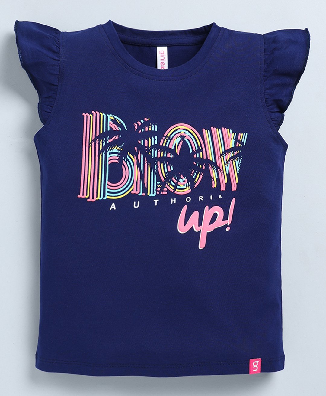 giniekids Cotton Frill Sleeves Blow Up Text Top - Navy Peony-picture-31
