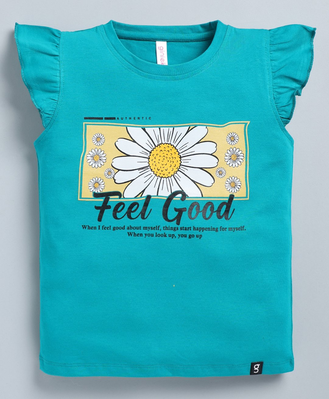 giniekids Cotton Frill Sleeves Feel Good Text Top - Teal Green-picture-36
