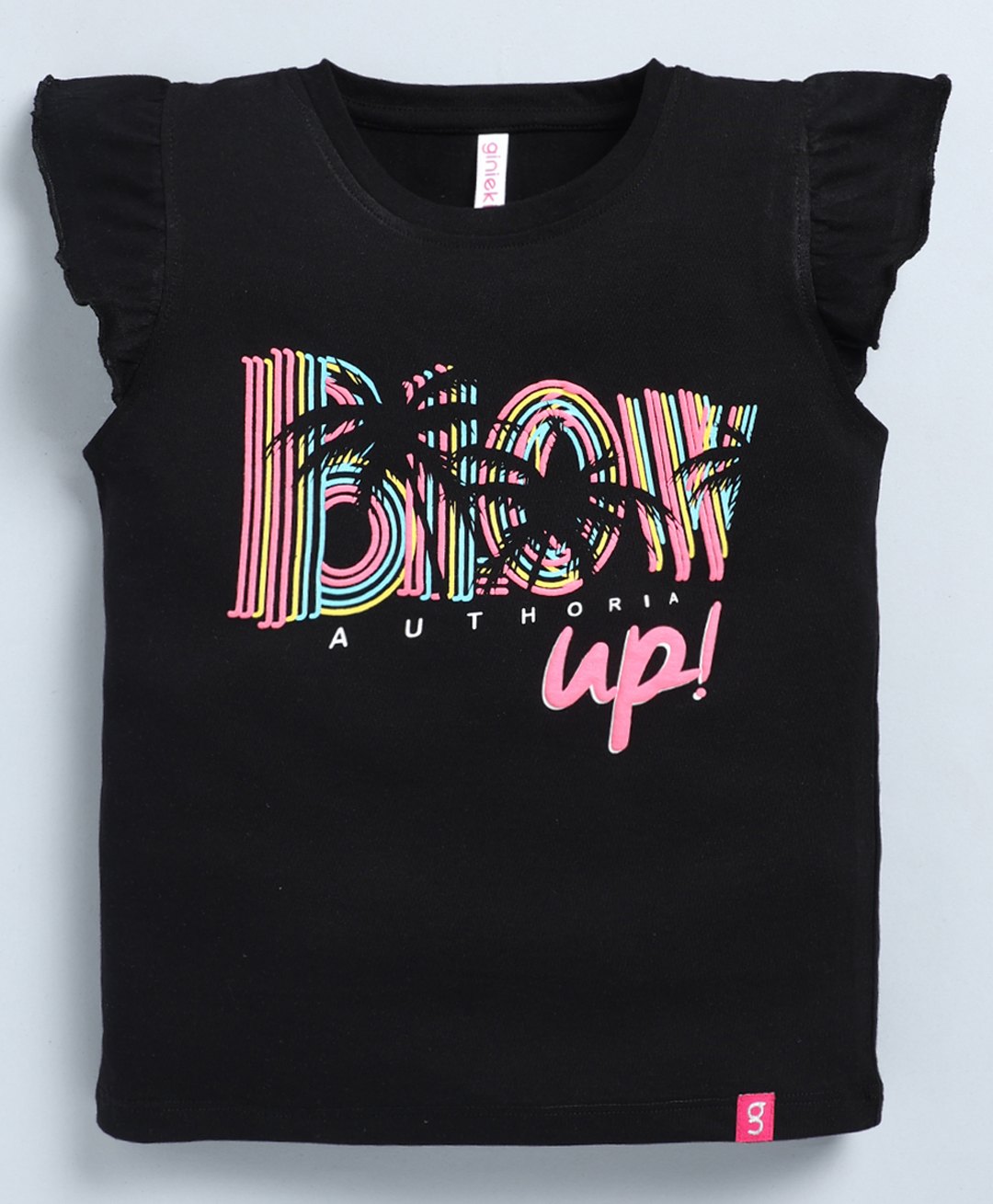 giniekids Cotton Frill Sleeves Blow Up Text Top - Black-picture-26