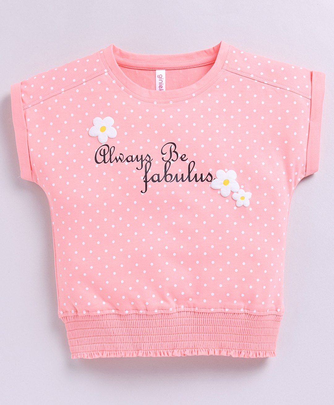 giniekids Cotton Sleeveless Polka Dots & Floral Puff Printed Top - Peach-picture-2