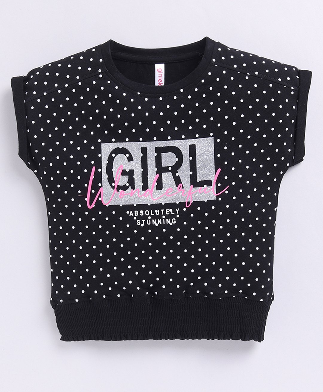 giniekids Cotton Sleeveless Polka Dots & Girl Text Printed Top - Black-picture-2