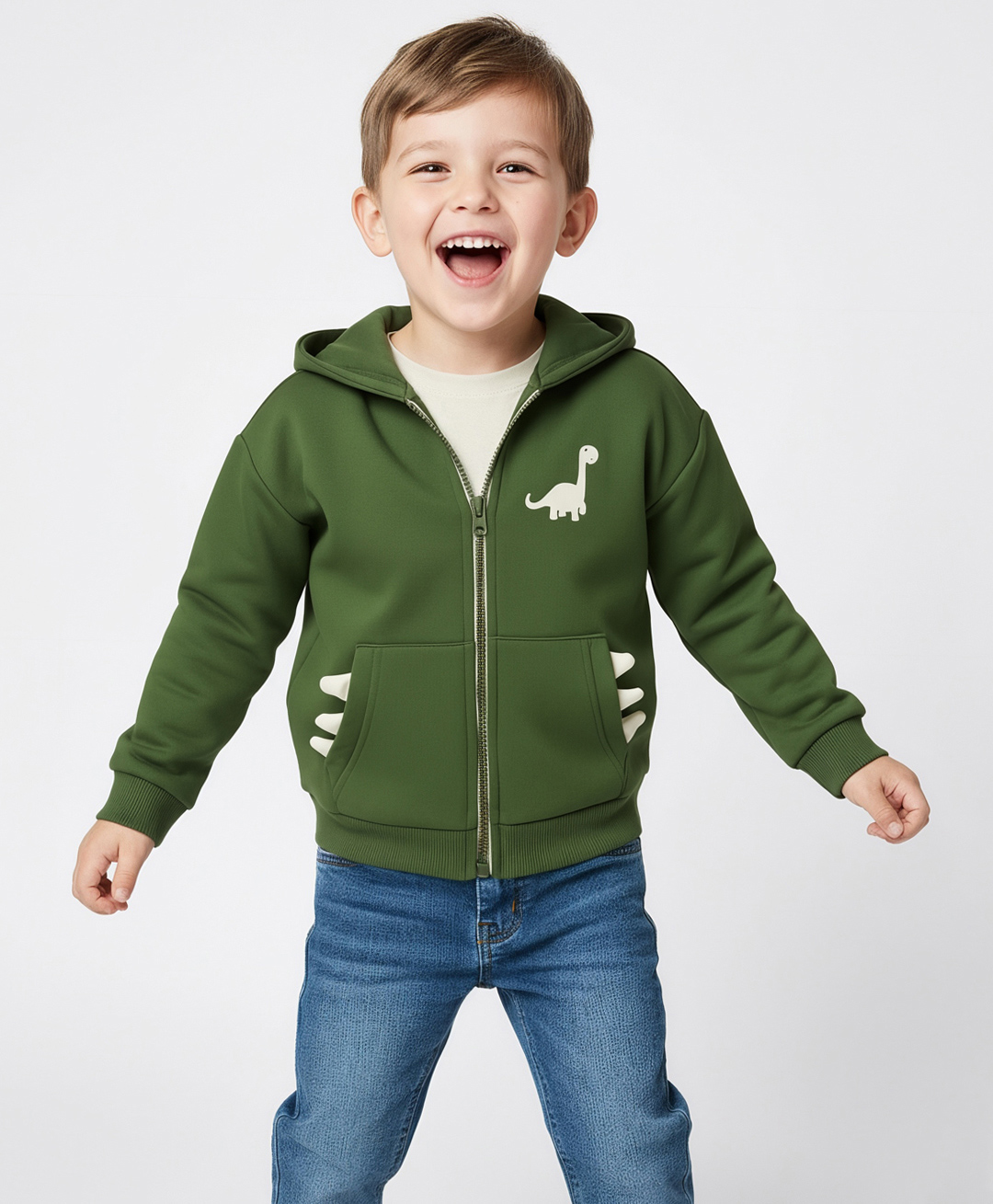 Bonfino 100% Cotton Fleece Knit Full Drop Shoulder Sleeves Hooded Sweatjacket with Kangaroo Pockets & Dino Print - Olive Green-image-20
