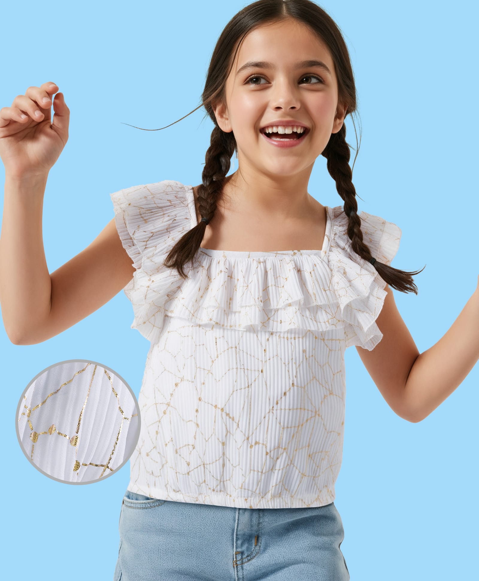 Arias Woven Pleated Fabric Ruffles Sleeves Top with Foil Print - White-image-45