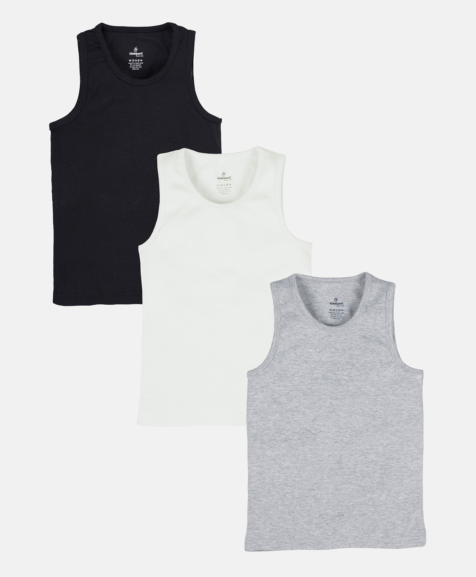 Kiddopanti Cotton Knitted Pack Of 3 Solid Vests - Black Grey Melange & White-picture-15