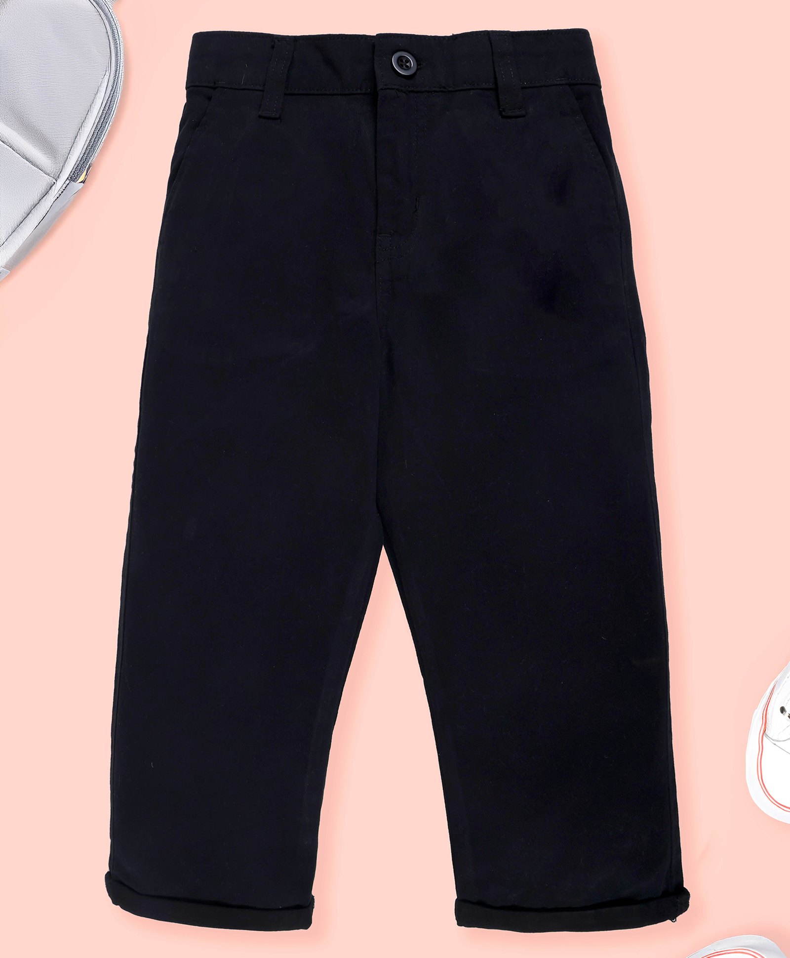 Kiddopanti Cotton Woven Solid Chinos- Black-picture-22