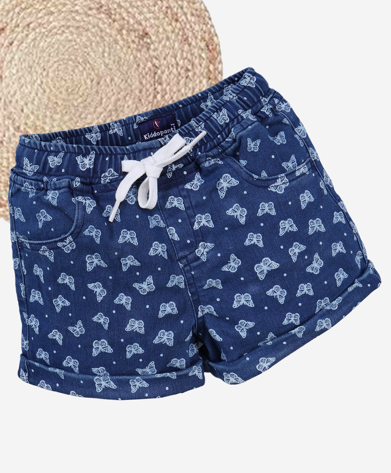 Kiddopanti Denim Woven Butterfly & Polka Dots Printed Roll Up Shorts - Medium Blue-picture-22