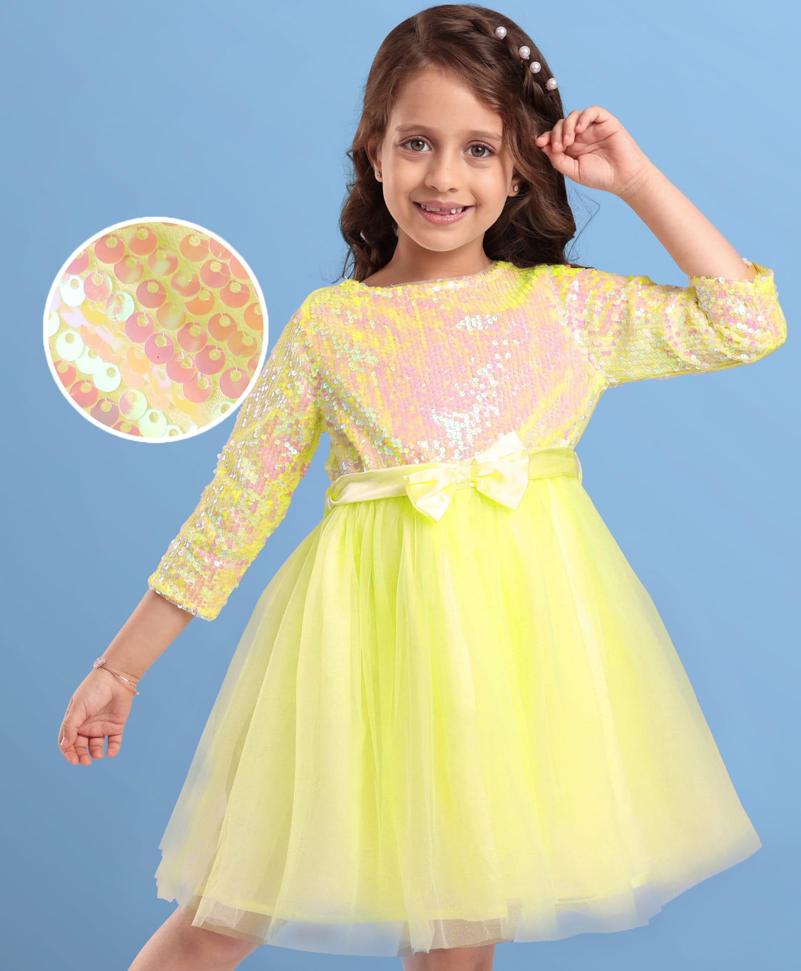 Hola Bonita Knit Three Fourth Sleeves Mesh Party Dress with Belt Bow Applique & Sequin Detailing - Yellow-picture-23