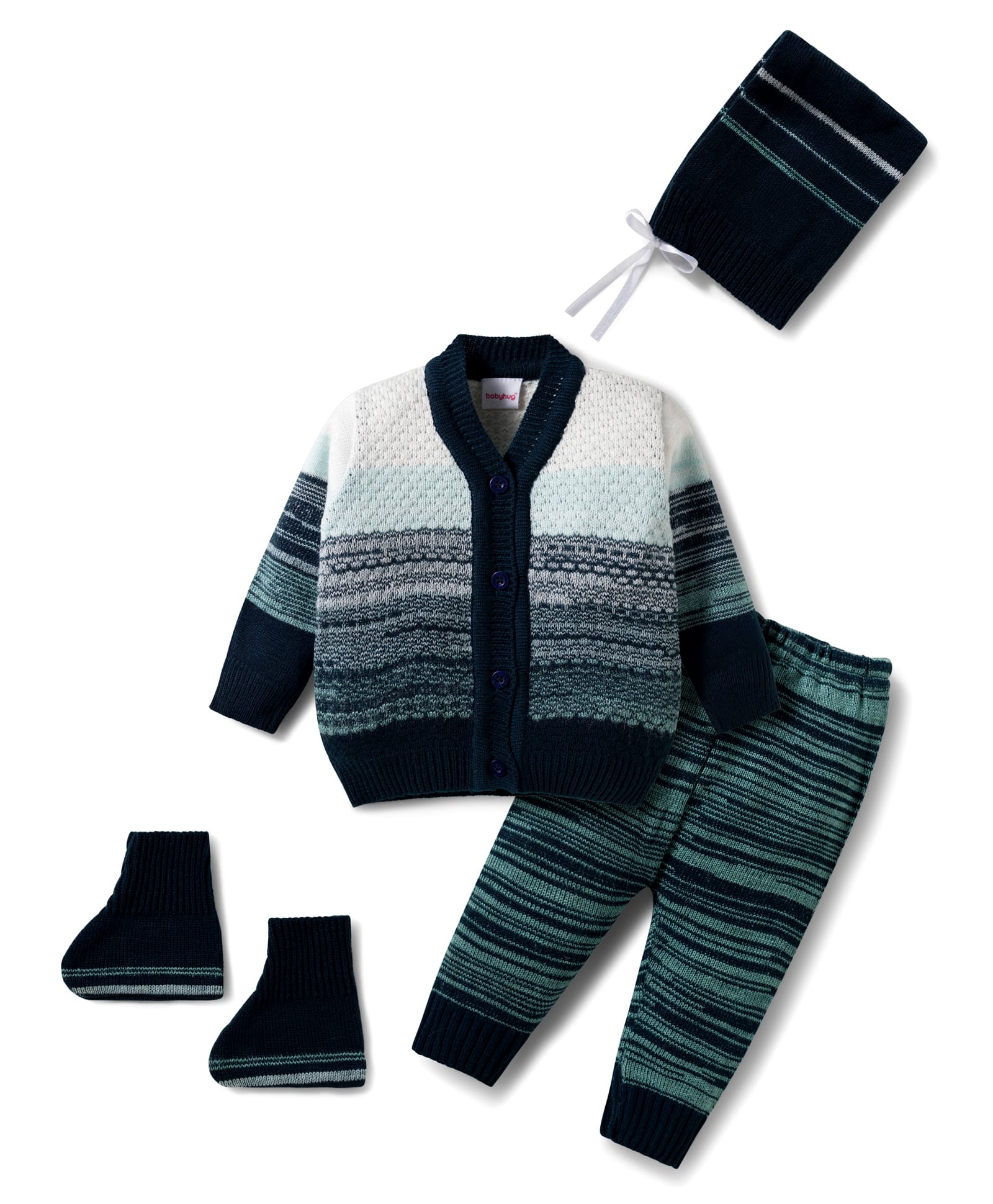 Babyhug Knitted Full Sleeves Striped Sweater Set With Cap & Booties - Navy Blue-picture-35
