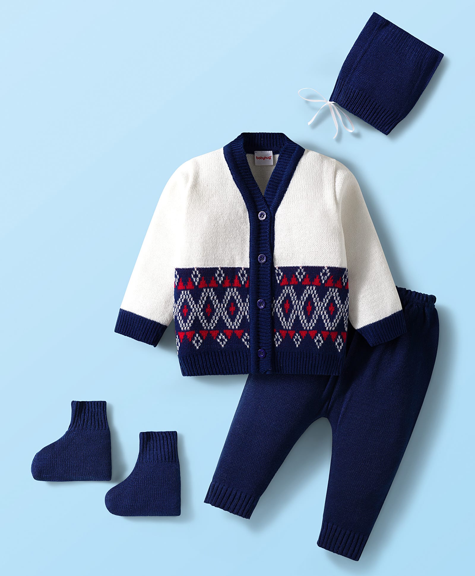 Babyhug Knit Full Sleeves Front Open Sweater & Pant Set with Cap & Booties & Fair Isle Design - Navy Blue & White-picture-22