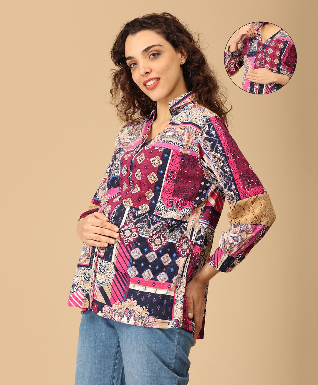 The Mom Store Cotton Lycra Three Fourth Sleeves Floral Printed Maternity Shirt Style Top With Nursing Access - Multi Colour-picture-15