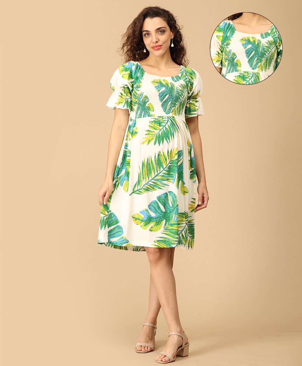 The Mom Store Cotton Half Puffed Sleeves Leaf Printed Maternity Dress With Nursing Access - Multi Colour-image-30