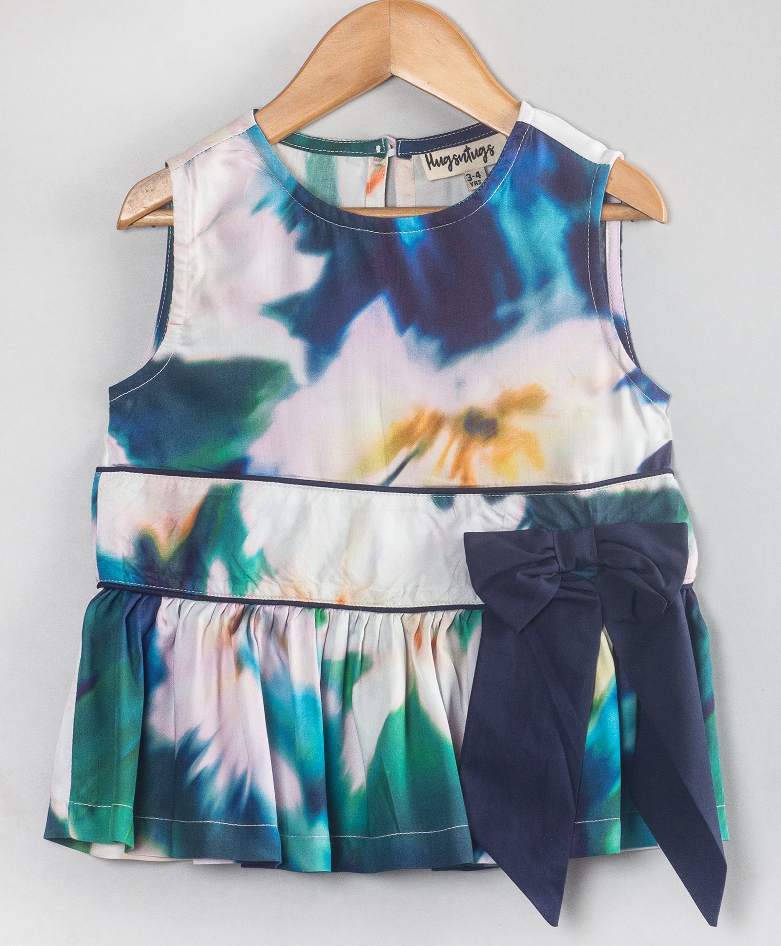 Hugsntugs Woven Cotton Sleeveless Tie Dye Bow Applique Top - Navy Blue-image-34