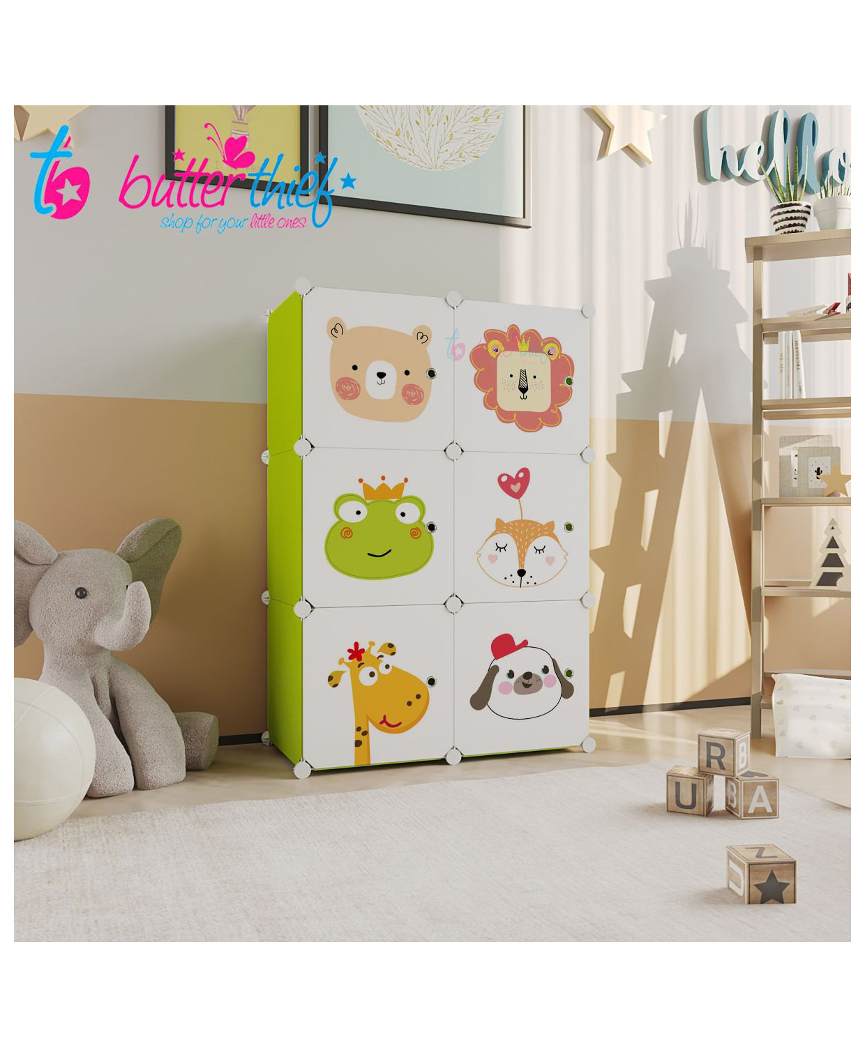 Butterthief Cartoon Printed Collapsible Wardrobe, 6 Cubes Almirah for Kids & Toddlers - Green-picture-18