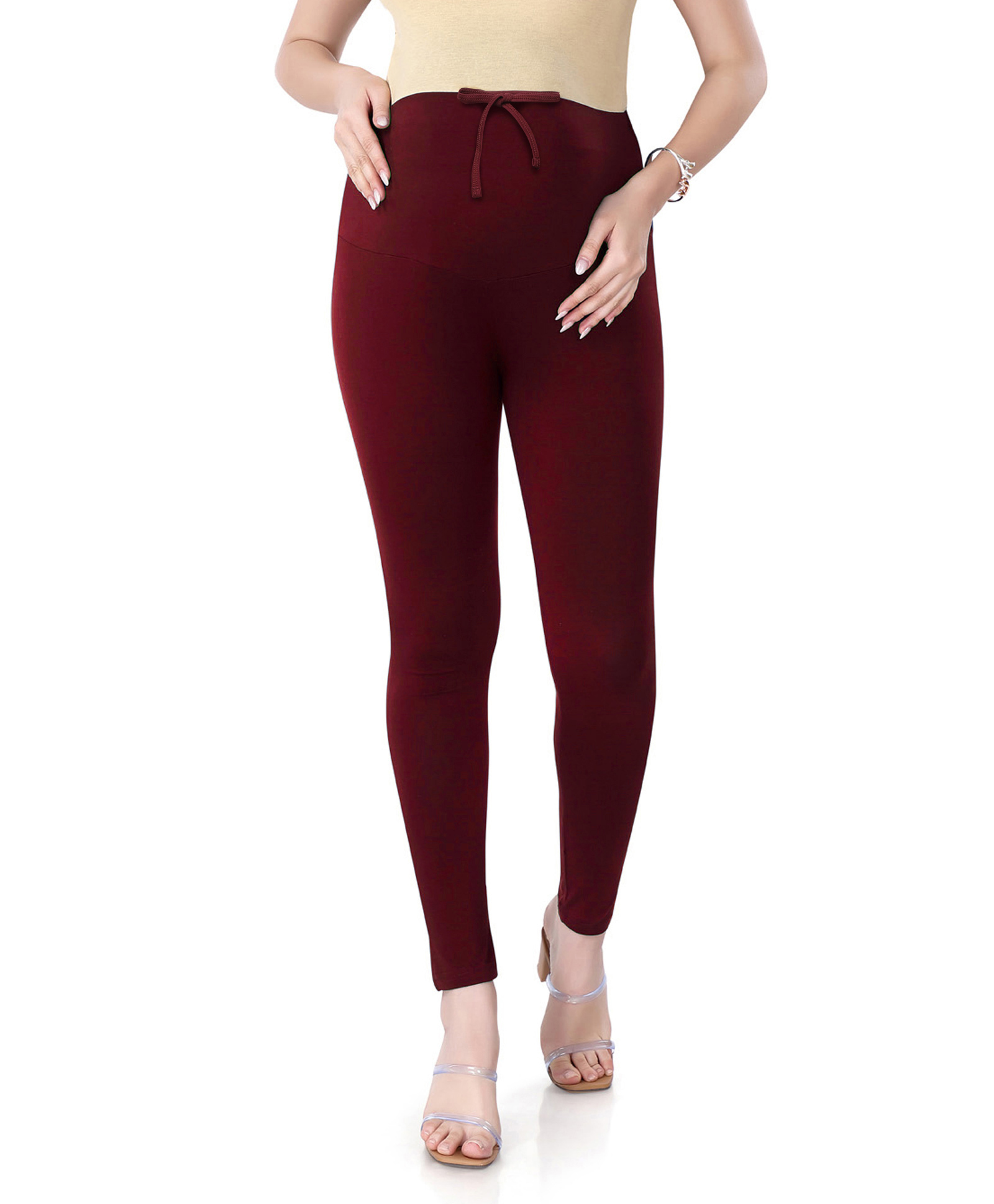 Bella Mama Full Length Solid Color Maternity Leggings With Tummy Band - Burgandy