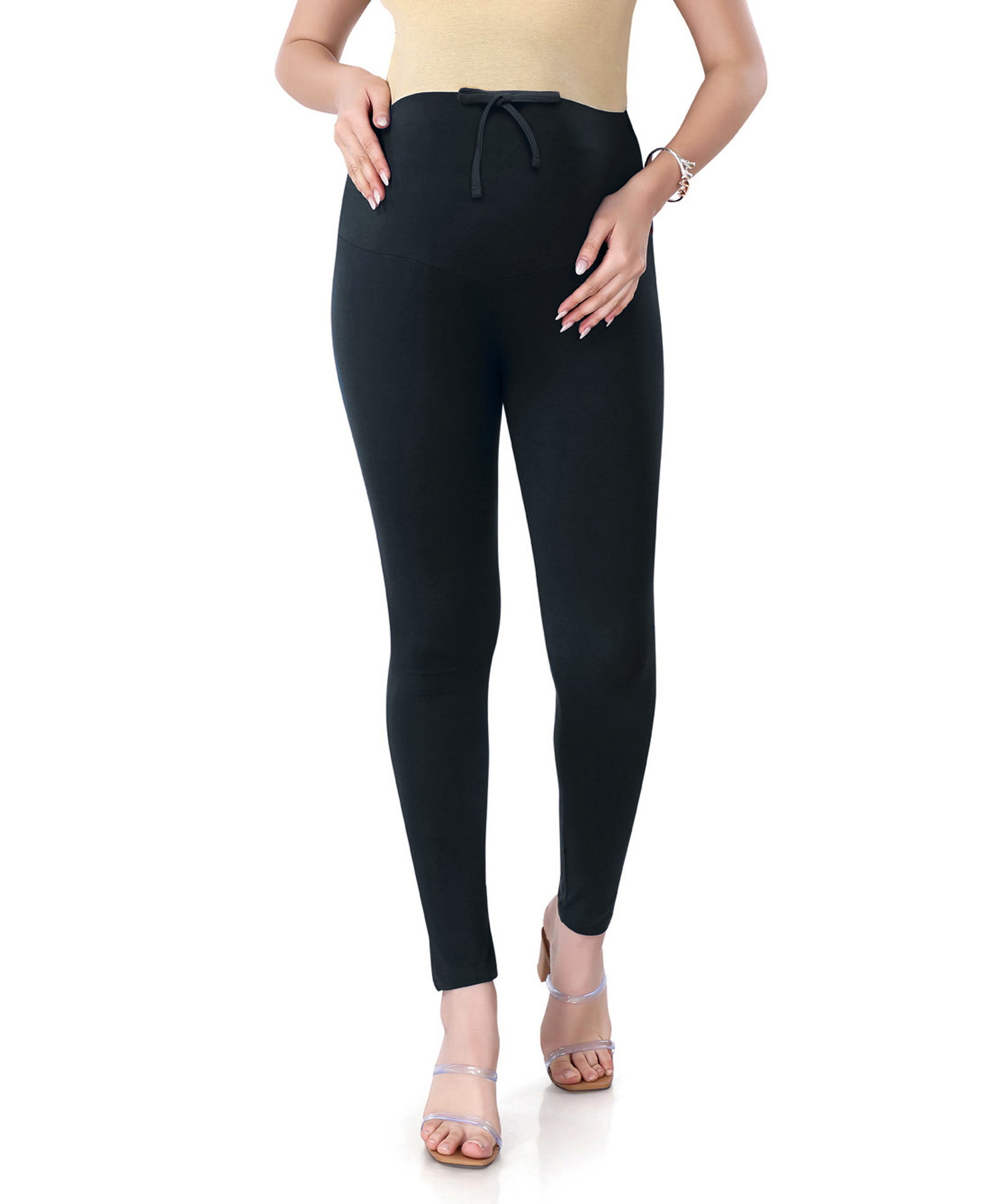 Bella Mama Full Length Solid Color Maternity Leggings With Tummy Band - Black
