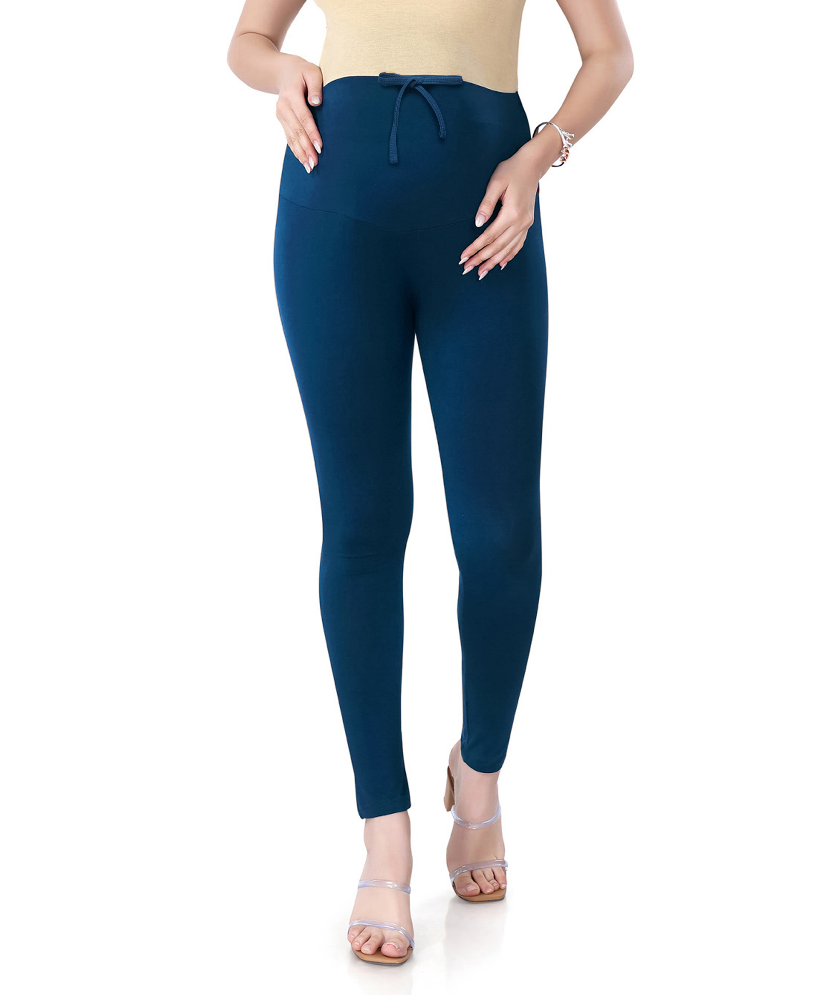 Bella Mama Full Length Solid Color Maternity Leggings With Tummy Band - Navy Blue