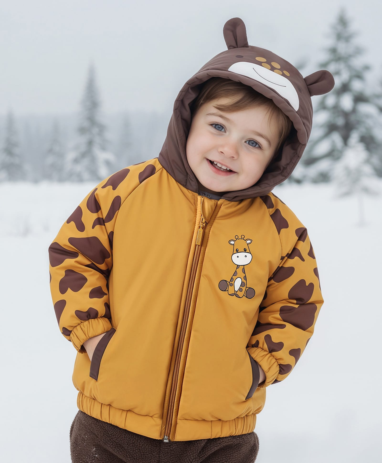 Babyoye Woven Front Open Full Raglan Sleeves Giraffe Printed Padded Hoodie - Yellow-image-48