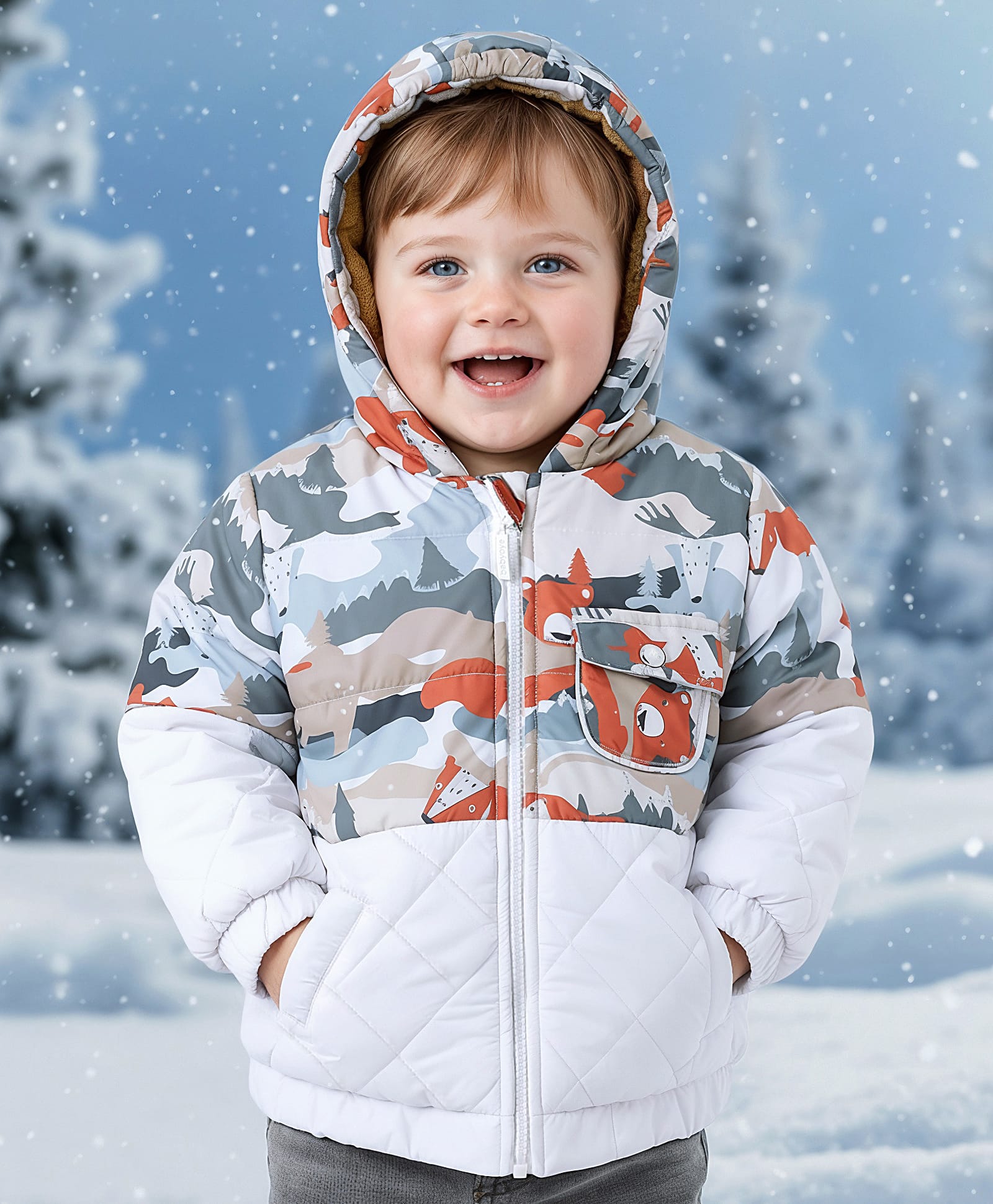 Babyoye Woven Full Sleeves Hooded Quilted Jacket with Animal Print - Grey & White-image-33
